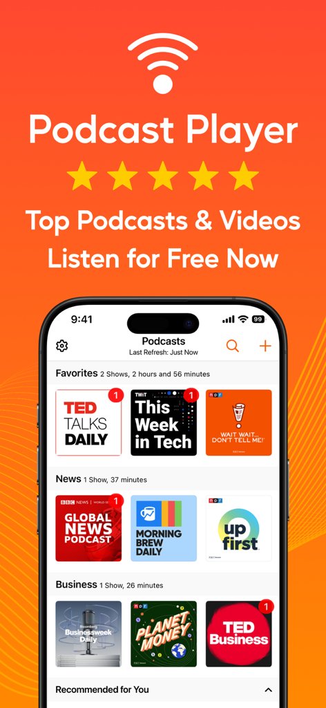 Podcast Player - Video & RSS - Uno smartphone mostra l'interfaccia dell'app Podcast Player con categorie organizzate come Preferiti Notizie e Affari accanto a riquadri di podcast popolari.