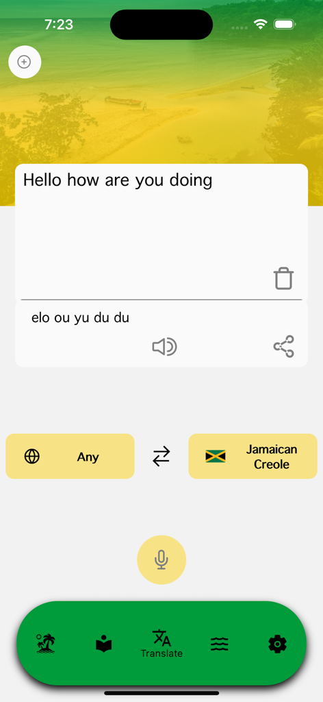Captura de pantalla de la interfaz de la aplicación JamrAAk que muestra la traducción de inglés a criollo jamaicano