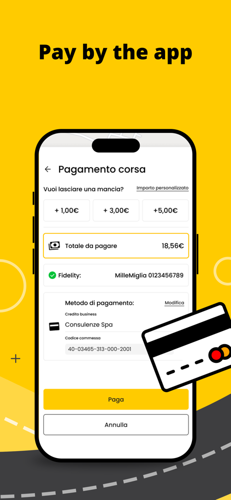 appTaxi - Book and Pay Taxis - appTaxi mobile Benutzeroberfläche mit dem Bildschirm zur Bezahlung der Fahrt, mit Optionen für Trinkgelder, Treuepunkte und Geschäftskontoauswahl.