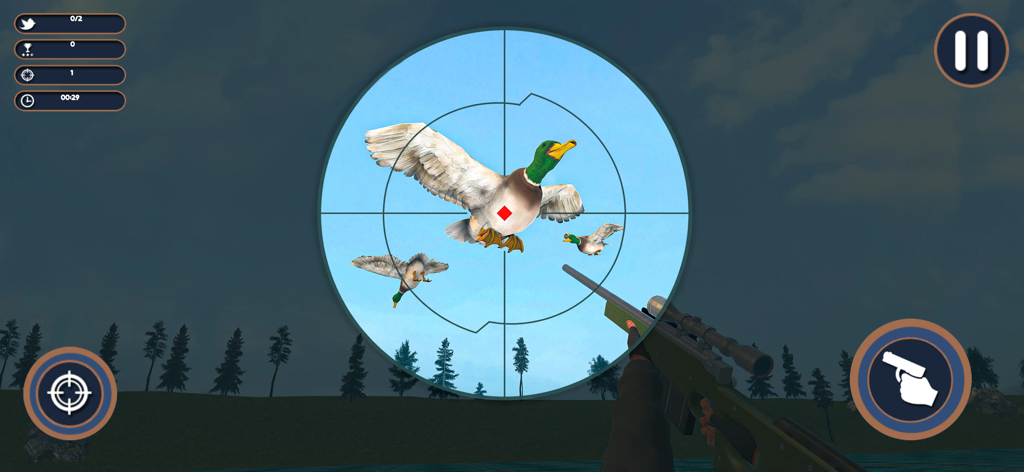 Sniper Birds Hunting 3D - Vista de mira de francotirador apuntando a un pato salvaje volando en Sniper Birds Hunting 3D