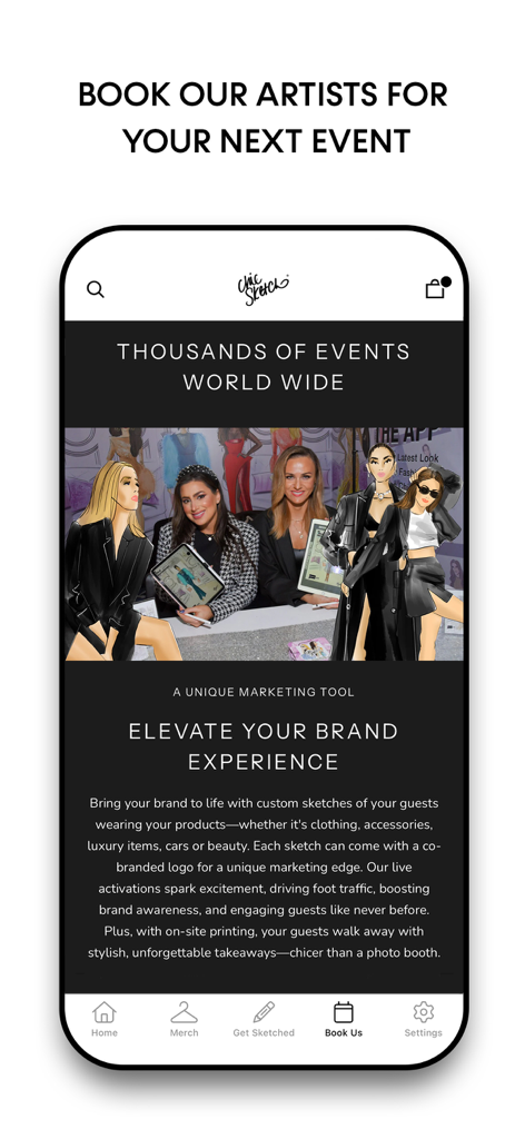 Chic Sketch - Chic Sketch app screen for booking live fashion illustrators for events