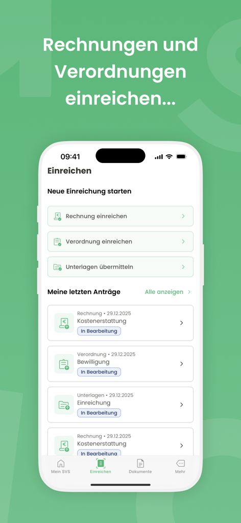 Screenshot of the svsGO app showing the submission menu for invoices and prescriptions