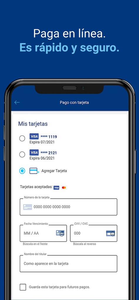 Tigo en Línea - Pantalla de la aplicación móvil Tigo en Línea para pagos seguros en línea con tarjeta y gestión de tarjetas de crédito o débito almacenadas