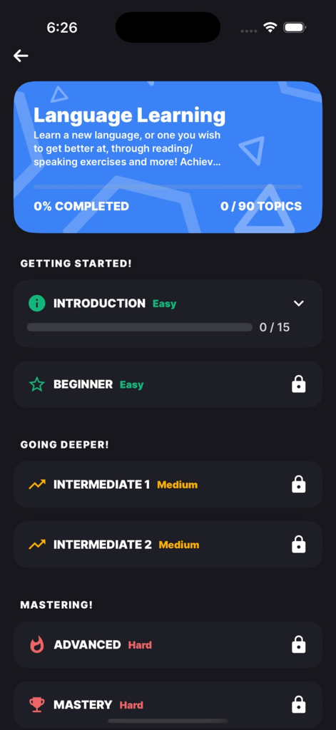 Levelite mobile app screen displaying gamified language learning levels from introduction to mastery