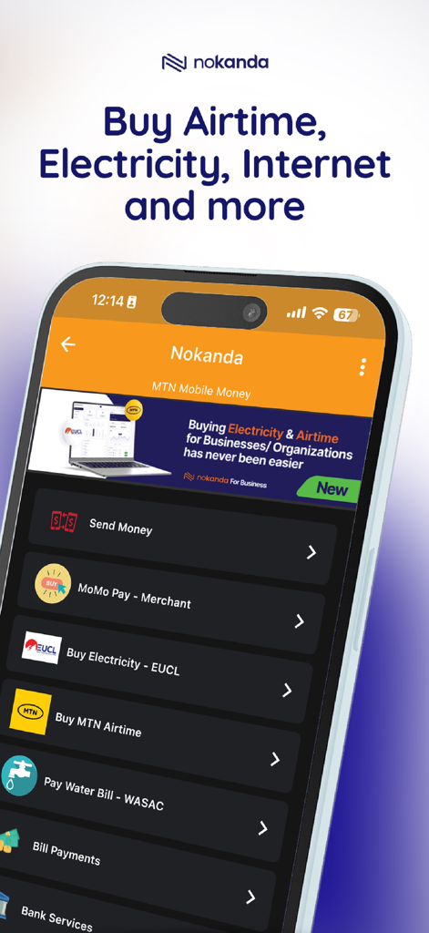 Nokanda mobile app interface for electricity water and airtime payments in Rwanda