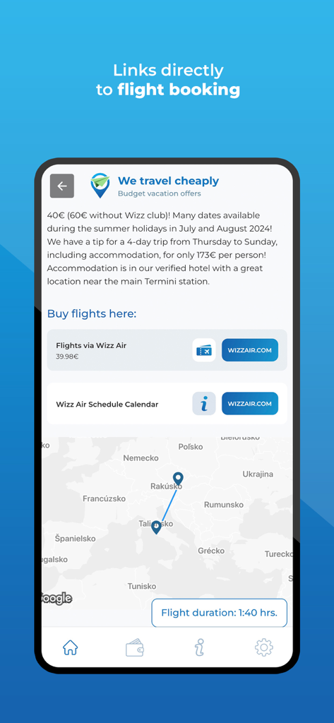 We travel cheaply - Interfaccia dell'app mobile di Viaggiamo a basso costo che mostra offerte di voli curate con link di prenotazione diretta e una mappa delle destinazioni