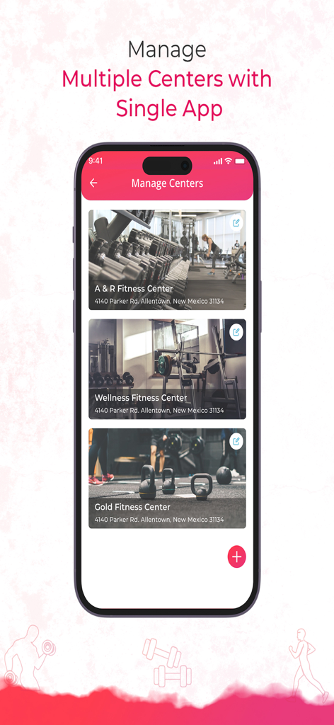 FitnessMaa: Gym Management App - FitnessMaaアプリ画面。単一のモバイルインターフェースから複数のジムセンターを管理する様子を表示。