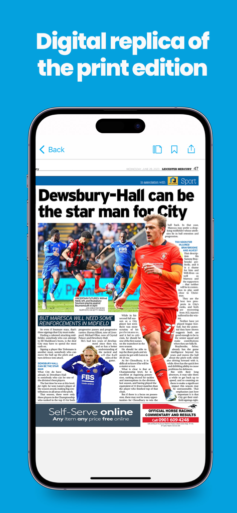 La aplicación Leicester Mercury que muestra una réplica digital del periódico impreso con noticias deportivas locales