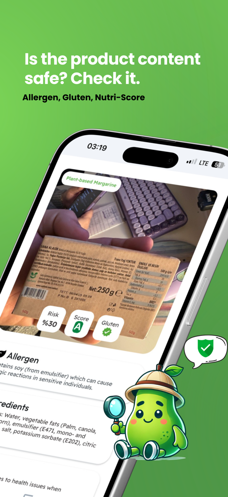 Marketto: Product Scanner - Marketto app screen scanning a food product label for allergen and Nutri-Score analysis