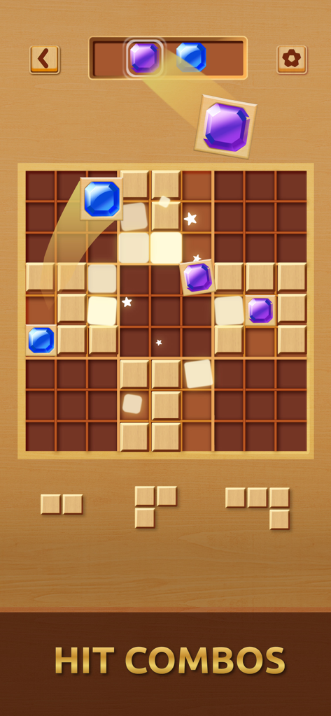Gemdoku: Wood Block Puzzle - Jugabilidad de Gemdoku mostrando bloques de madera y gemas de colores despejándose en una cuadrícula de 9x9 con el texto hit combos