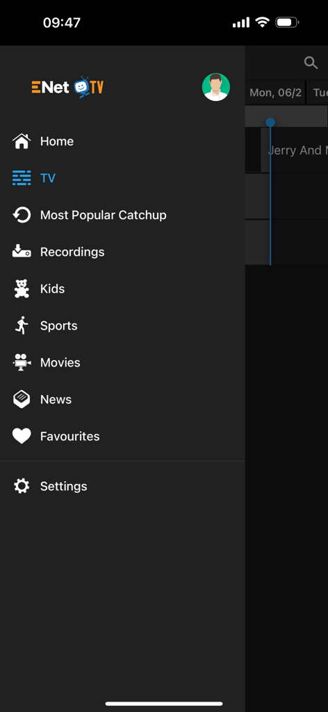 ENet TV - ENet TV app side menu showing navigation categories like TV, Sports, and News