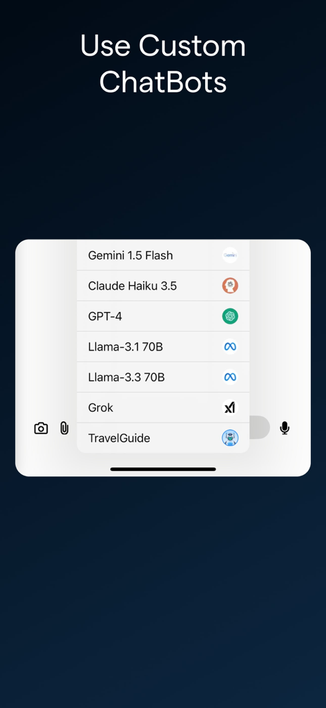ChatLLM: AI Assistant & Chat - Una lista de modelos de lenguaje de IA disponibles, incluidos GPT-4 Claude y Gemini, dentro de la interfaz de la aplicación ChatLLM.