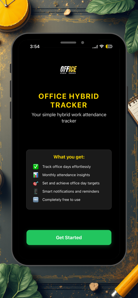 Welcome screen of the Hybrid Office Tracker app highlighting key features like attendance logging and monthly insights.