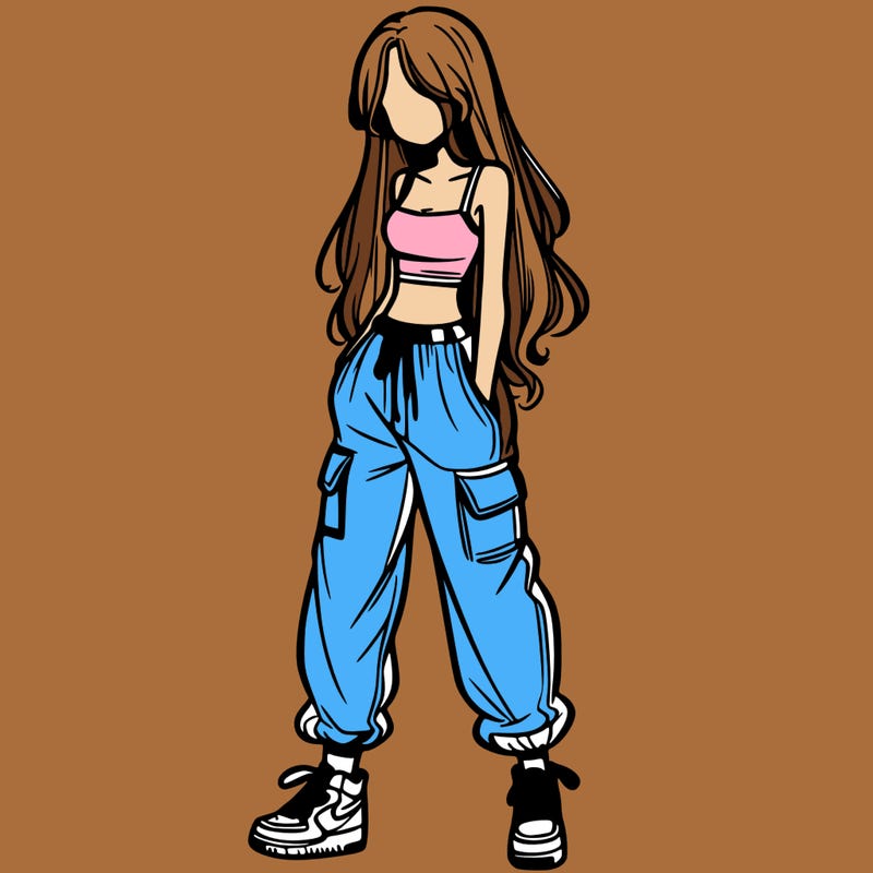 girl in baggy pants crop top and long hair