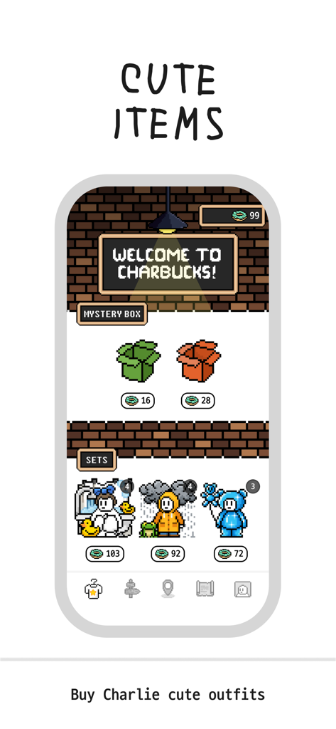 The in-app shop interface of Charlie Walking where users can buy cute outfits and mystery boxes for their character using donut currency.