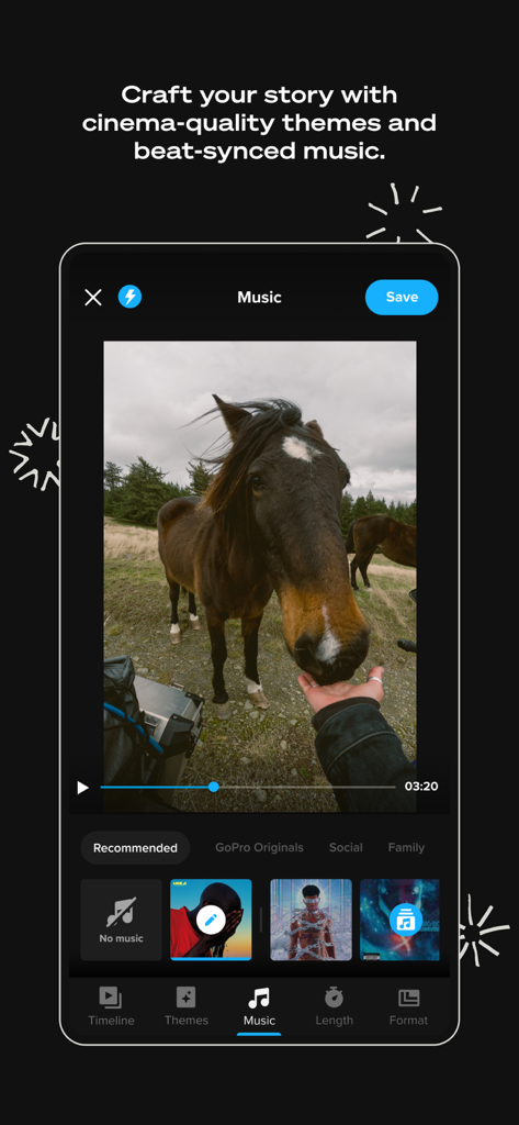 GoPro Quik app interface showing how to add beat-synced music to a video edit of a horse