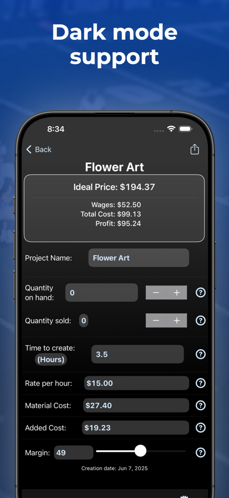 Craft Pricing Assistant Pro - Craft Pricing Assistant Proのインターフェースをダークモードで表示。プロジェクトコストの内訳と、フラワーアートの理想的な価格計算が表示されています。