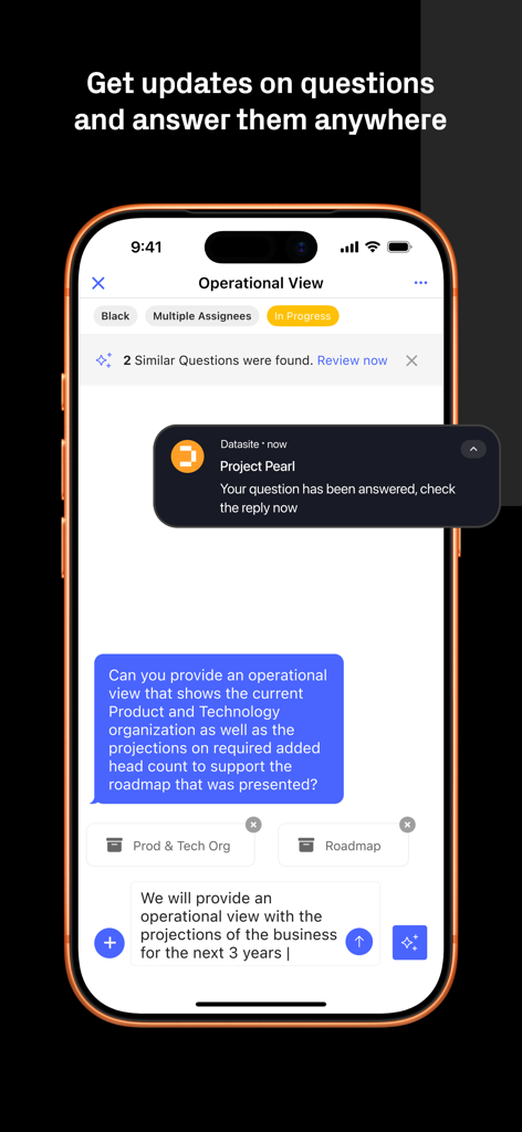 Interface do aplicativo Datasite em um iPhone exibindo uma sessão de perguntas e respostas para uma transação de M&A.
