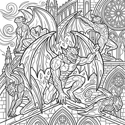 Unleash your imagination with this stunning coloring page featuring a host of awakened gargoyles amidst intricate Gothic architecture. Perfect for adult colorists who love fantasy and detailed designs.