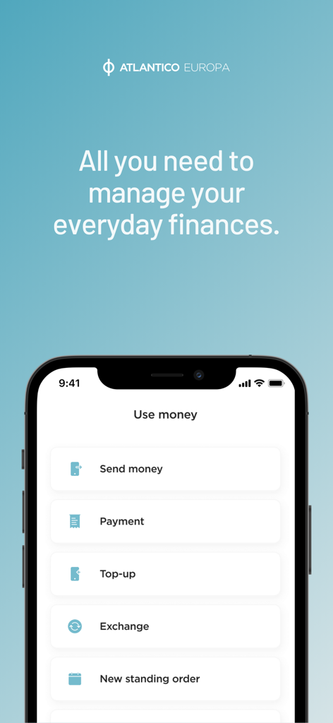 Ecrã da app MY ATLANTICO para gerir as finanças do dia a dia, incluindo transferências de dinheiro e câmbio de moeda