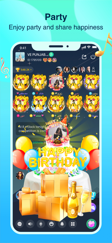 Falla-Make new friends - Falla mobile app interface showcasing a virtual birthday party in a group voice chat room with virtual gifts and animations