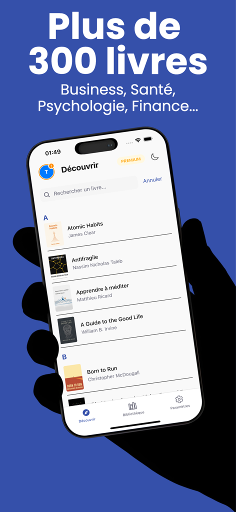 Cobalt : Book Summaries - Smartphone displaying the Cobalt app book discovery library featuring popular titles like Atomic Habits and Antifragile.