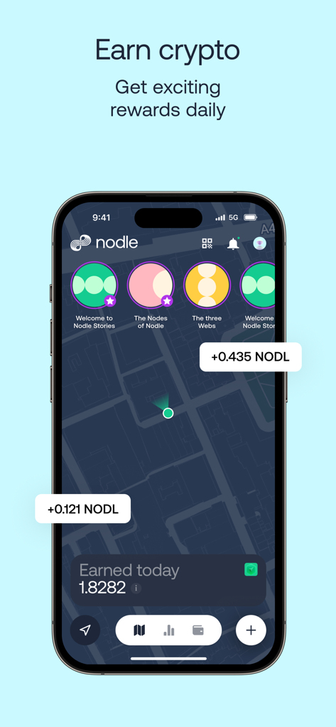 Smartphone screen of Nodle app showing daily crypto rewards and mission map