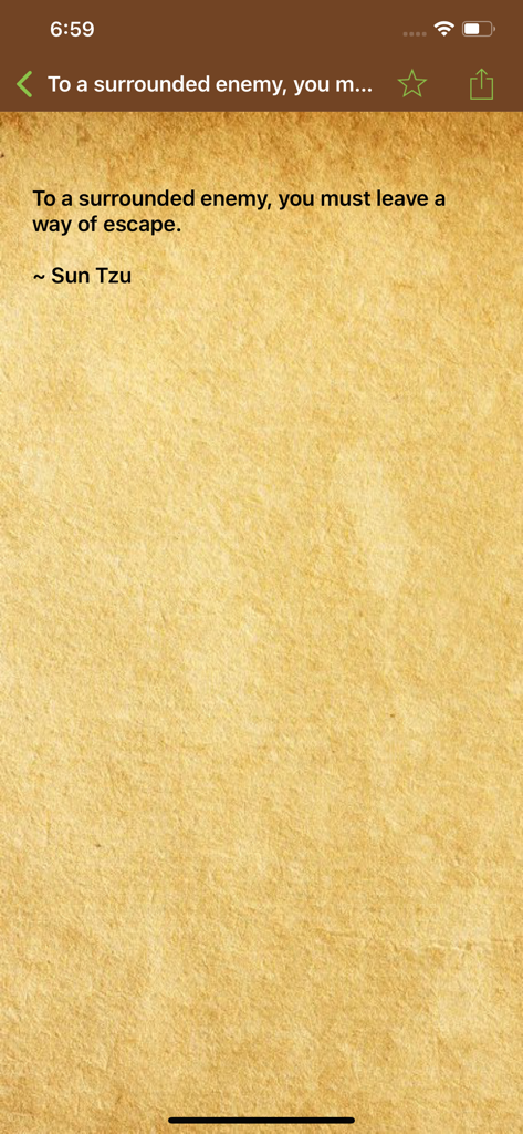 Quotes & Status in English - 引用とステータスアプリのテクスチャ加工された羊皮紙風の背景に表示された、戦略に関する孫子の有名な引用