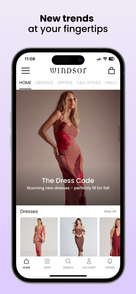 Windsor Store mobile app interface displaying trendy dresses and fashion collections