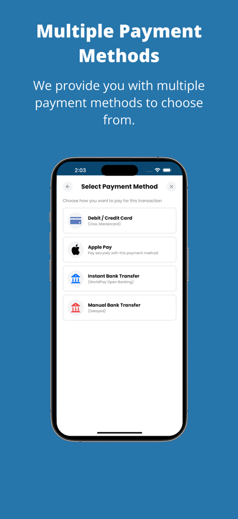 APS Money Transfer app screen displaying various payment methods like Apple Pay and bank transfers.