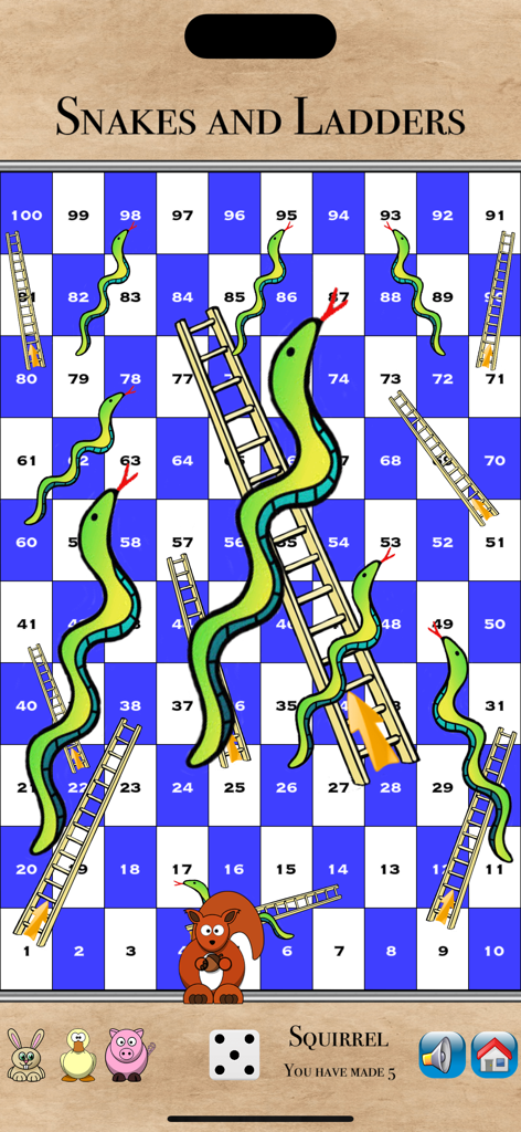 The Game of Snakes and Ladders - A classic Snakes and Ladders game board featuring colorful snakes ladders and cartoon animal characters