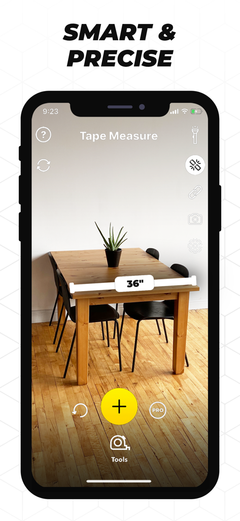 Tape Measure app using augmented reality to measure a wooden table showing a 36 inch width.