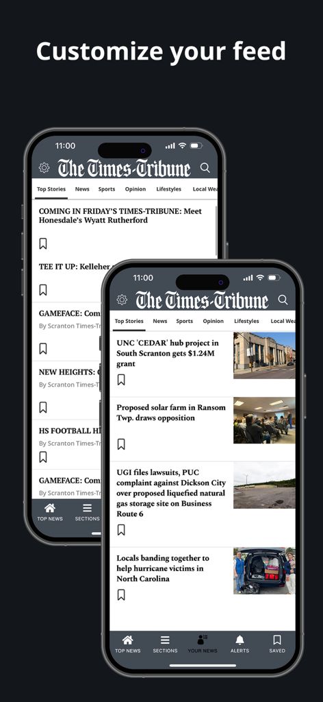 The Scranton Times-Tribune - The Scranton Times-Tribune app interface displaying local news and feed customization options on two smartphones