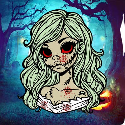 beautiful zombie girl with long hair and scarred lips