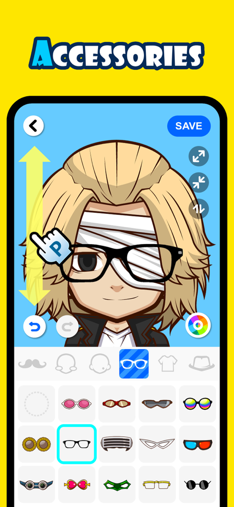 SuperMe-Avatar Maker Creator - Una pantalla de la aplicación SuperMe que muestra un personaje de anime masculino siendo personalizado con diferentes estilos de gafas y accesorios para los ojos.