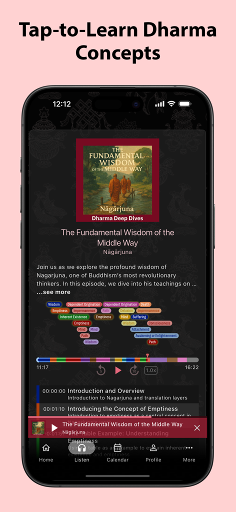 Reproductor de podcasts de la aplicación Astromunk con la herramienta 'tocar para aprender' conceptos de Dharma con burbujas interactivas de terminología budista