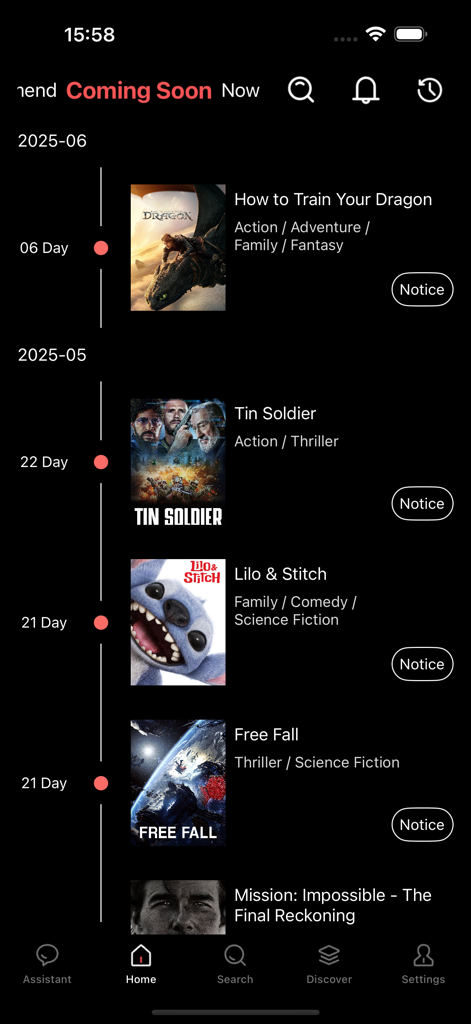 A vertical timeline of upcoming movie releases with posters and release countdowns in the Panda Movies app.