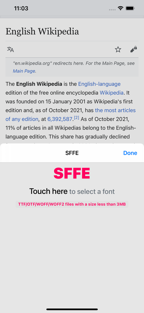 SFFE app interface for selecting custom fonts in the Safari browser with a Wikipedia page in the background