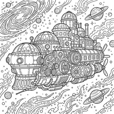 Prepare for an extraordinary voyage with this unique steampunk generation ship coloring page. Immerse yourself in a world where Victorian engineering meets futuristic space exploration, perfect for detailed coloring enthusiasts.