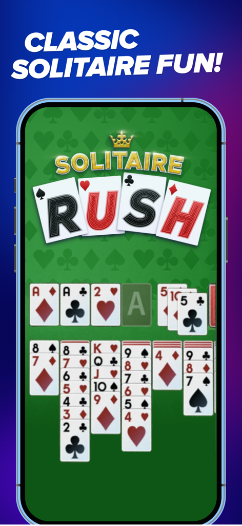 WorldWinner Solitaire Rush Gameplay-Bildschirm mit klassischem Kartenspiel-Layout