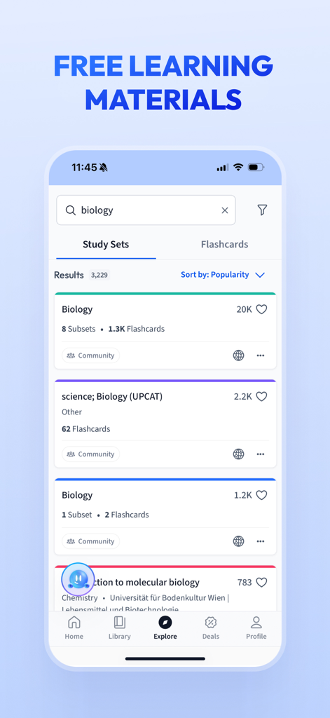 Vaia app screen showing search results for biology study sets and community flashcards.