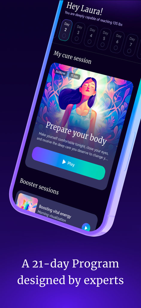 Kure: Healing Hypnosis - Kure app dashboard displaying a personalized 21 day hypnosis program and a 15 minute bedtime session