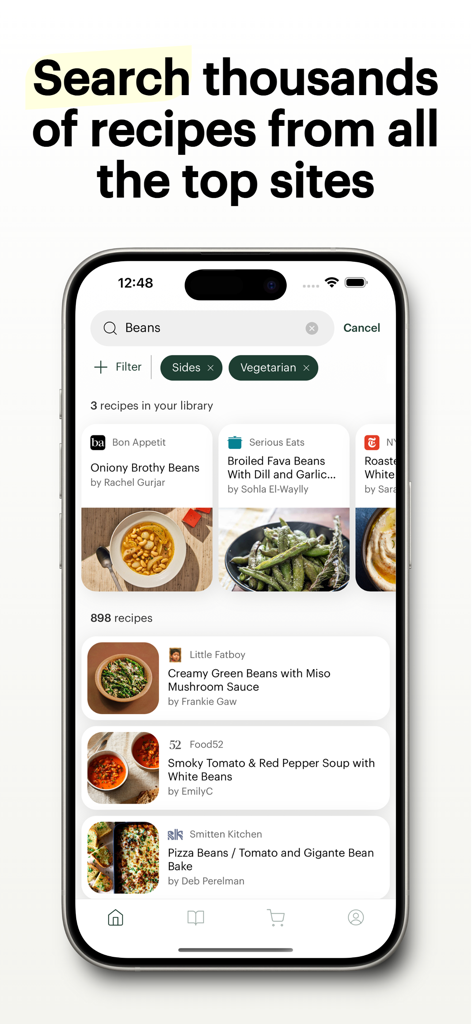 Deglaze: Cooking, Simplified - Deglaze app recipe search interface showing results from top cooking websites