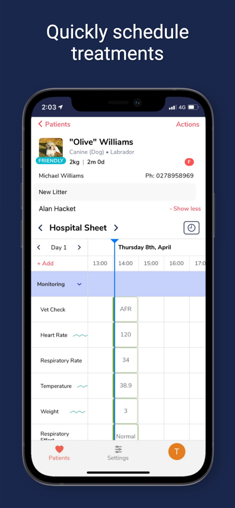 Vet Radar - Vet Radar app interface showing a digital hospital sheet for scheduling and monitoring veterinary treatments for a canine patient