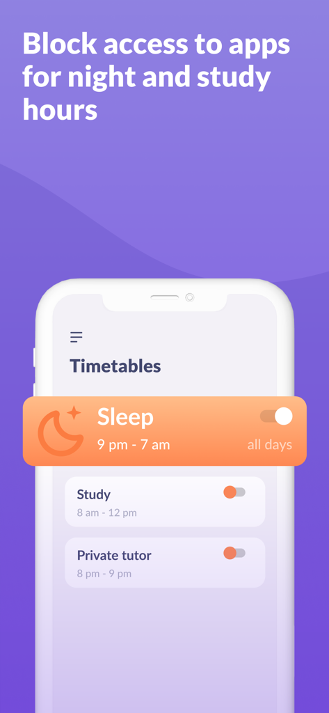Alli360: Screen Time Control - 취침 및 학습 시간 동안 앱을 차단하기 위한 시간표를 보여주는 Alli360 앱 인터페이스