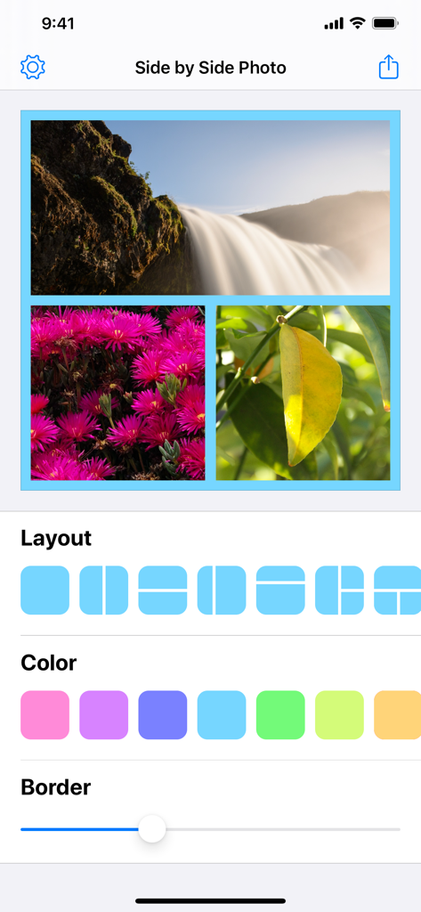 Side by Side Photo Editor Grid - Interface de um aplicativo de colagem de fotos mostrando um layout de grade com três fotos e ferramentas de personalização para bordas e cores