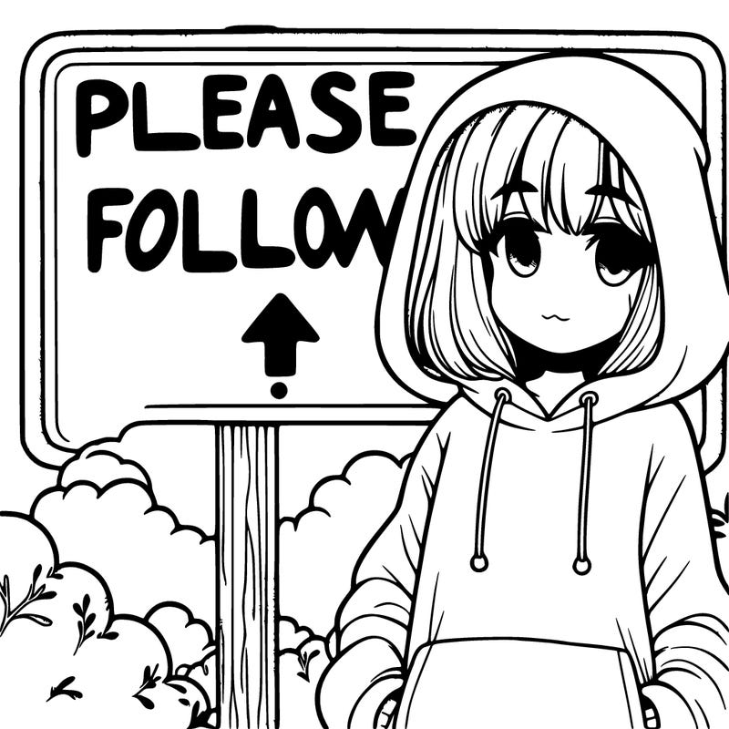 a sign that says please follow with a girl in a foggy hoody