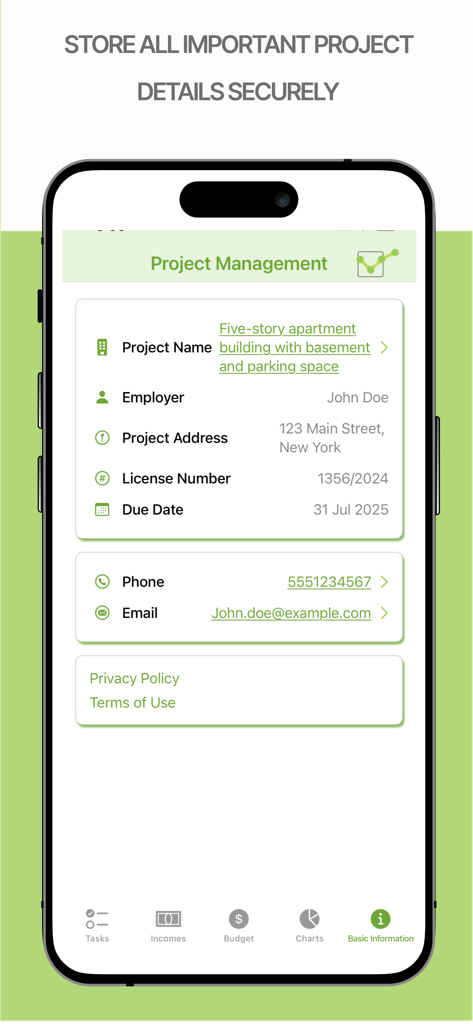 PlanoTrak - Construction App - Pantalla de la aplicación PlanoTrak que muestra los detalles del proyecto, incluyendo el nombre del proyecto, la dirección del empleador y la fecha de vencimiento