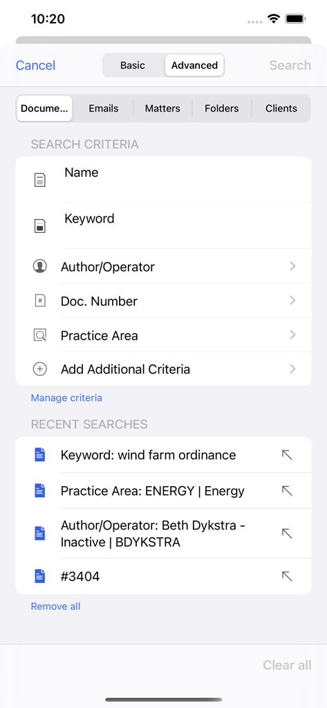 iManage Work 10 For Intune - Advanced search screen in iManage Work 10 for Intune showing document search criteria and recent searches