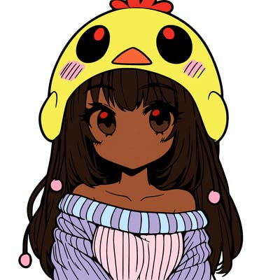anime girl with chick shaped hat with sweater with bare shoulders with bangs covering them one eye with low tail